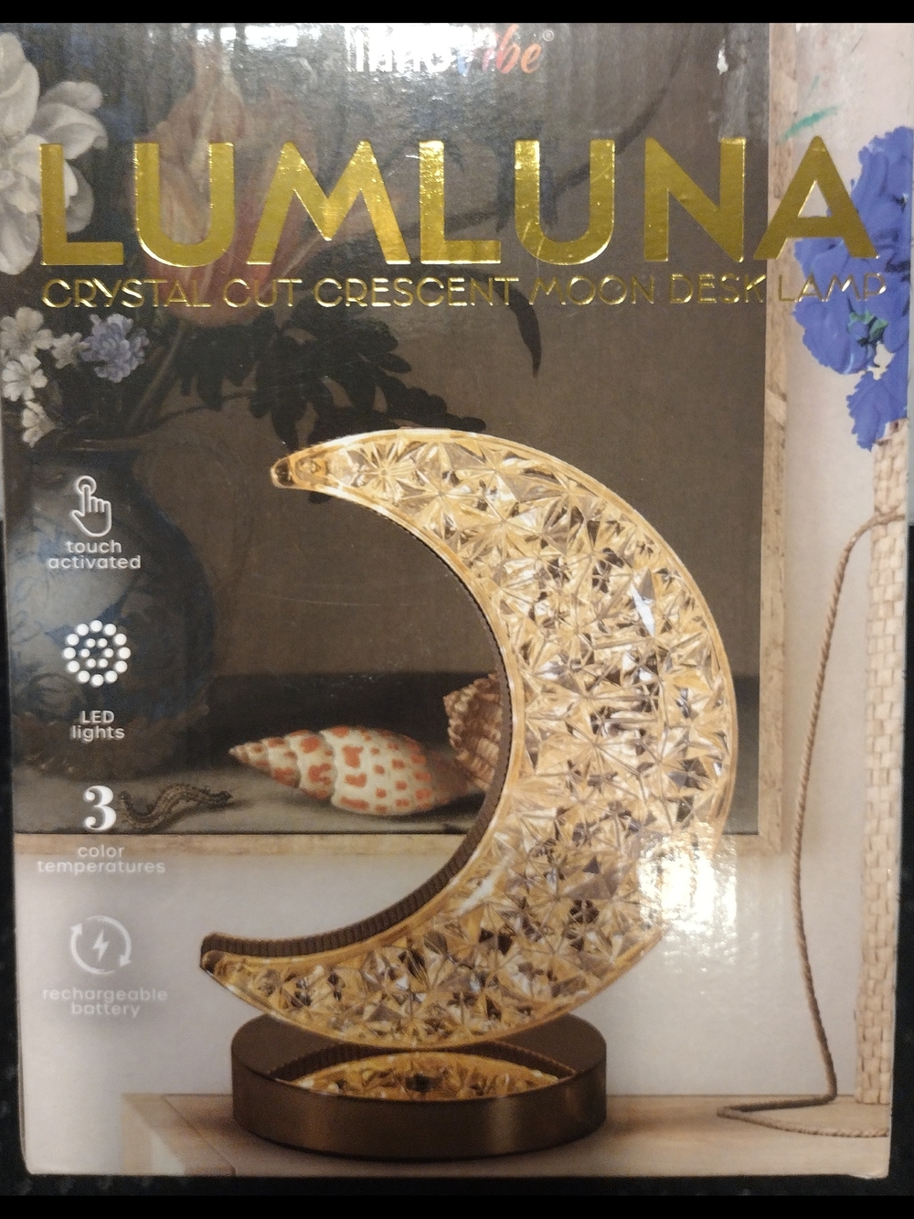 Crystal Cut Acrylic Crescent Moon Desk Lamp - Gold Tone Base